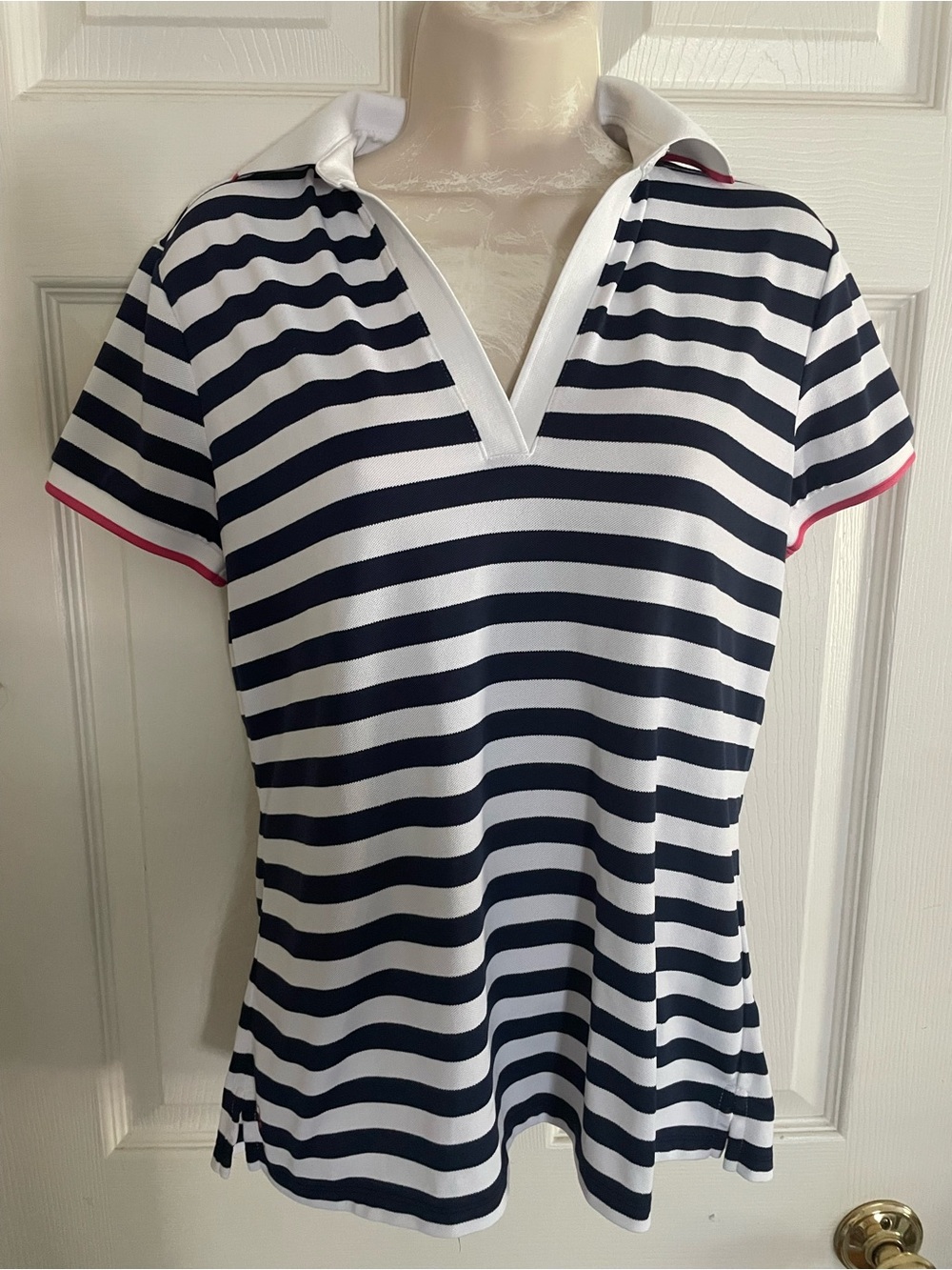Ralph Lauren Navy & White Striped Polo-Style Shirt with Pink Trim